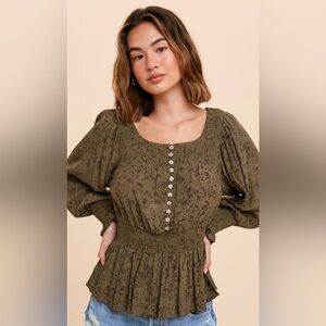 Adamea Olive Floral Print Smocked Button Front Peasant Blouse Top
